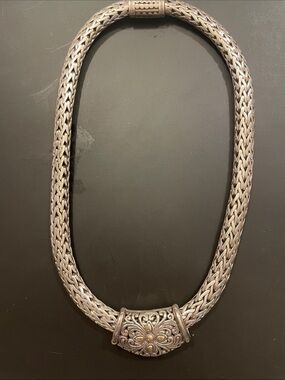 Sterling Silver Woven Wheat classic Braided Necklace with Floral Gold Accent.